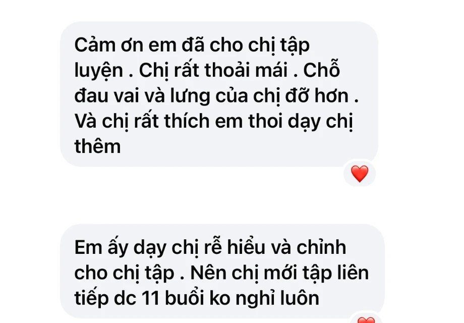 Học viên PT 1:1 chia sẻ: chỗ đau vai và lưng đỡ hơn, tập liên tiếp 11 buổi